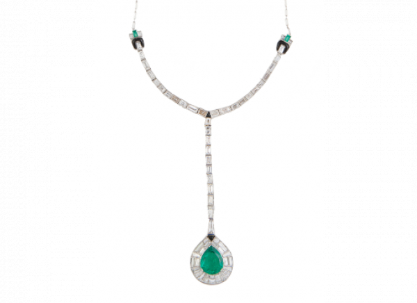 Pendentif Art-Decó de esmeralda y diamantes talla baguette, con centro de perilla de esmeralda orlada de baguettes 