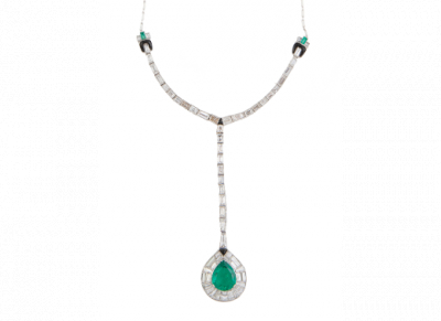 Pendentif Art-Decó de esmeralda y diamantes talla baguette, con centro de perilla de esmeralda orlada de baguettes 