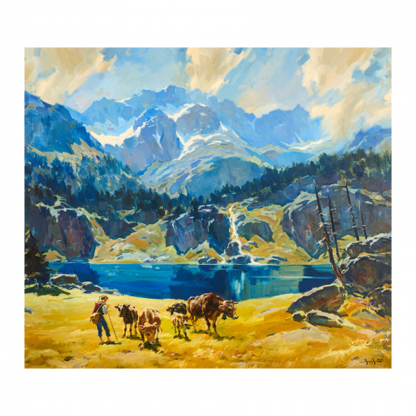 Josep Serrasanta Paisaje de montaña.  Óleo sobre tela. Firmado. 