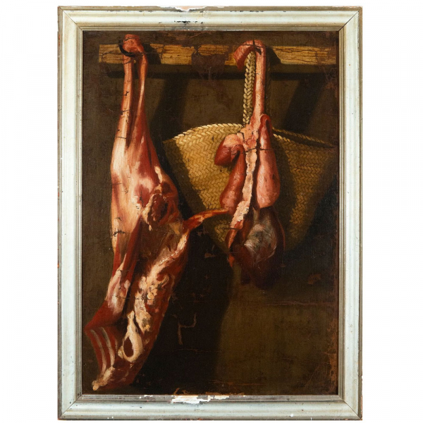 "Bodegón de carne" Círculo de Bernardo Llorente. Siglo XVII (firmado).    Óleo sobre lienzo.