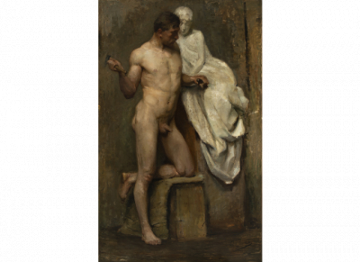 IGNACIO PINAZO CAMARLENCH (Valencia, 1849-1916)  Desnudo masculino.   Óleo sobre lienzo. 