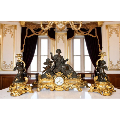 Gran reloj de sobremesa con guarnición estilo Napoleón III, Francia, siglo XIX.   Bronce dorado y pavonado.