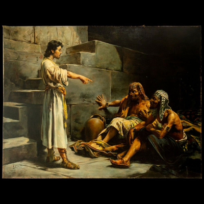 Moisés Predicando a los Esclavos de Egipto, ANTONI FABRÉS (1854-1938), firmado ángulo inferior izquierdo, Escuela Orientalista del siglo XIX