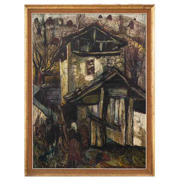 "Campesina con burro en el caserío"  JESÚS MONTES IRIBARREN (Irún, 1940)  