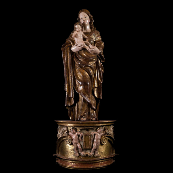 Espectacular gran "Virgen con Niño" en madera de talla, escuela Romanista del siglo XVI. 