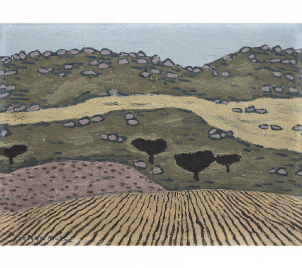 GODOFREDO ORTEGA MUÑOZ (San Vicente de Alcántara, 1899 - Madrid, 1982)  Paisaje, c.1958.   Óleo sobre tabla. 