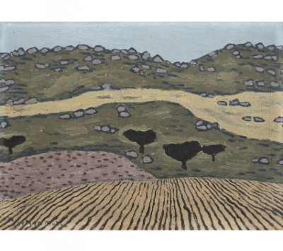 GODOFREDO ORTEGA MUÑOZ (San Vicente de Alcántara, 1899 - Madrid, 1982)  Paisaje, c.1958.   Óleo sobre tabla. 