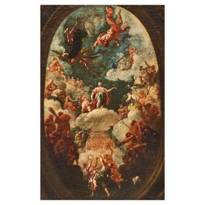 Escuela italiana, segunda mitad del s.XVII. Alegoría del Monte Olimpo. Óleo sobre tela.