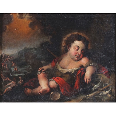 Escuela espa&ntilde;ola, S.XVII &ldquo;San Juanito dormido en un paisaje&rdquo;