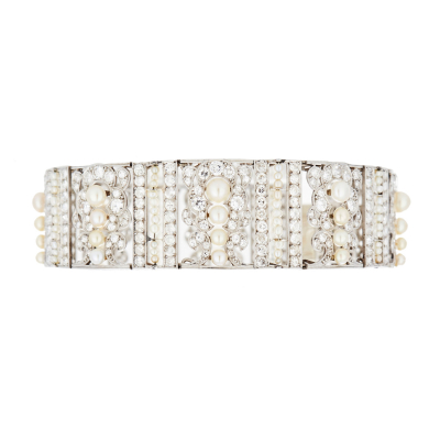 Pulsera Art Deco en platino con calado de diamantes talla brillante antigua, perlas cultivadas y perlas de aljofar, c.1940.
