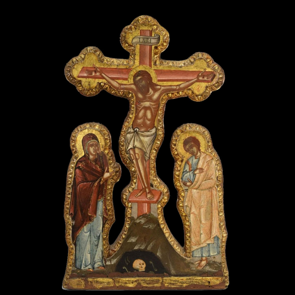 Excepcional monumental icono griego de "Calvario", hacia 1800.   Ex colección de Nicholas Mitropoulos.
