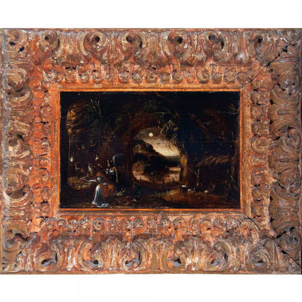 "Paisaje con San Nicolás en Lectura", escuela Flamenca del siglo XVI - XVII.   Óleo sobre tabla