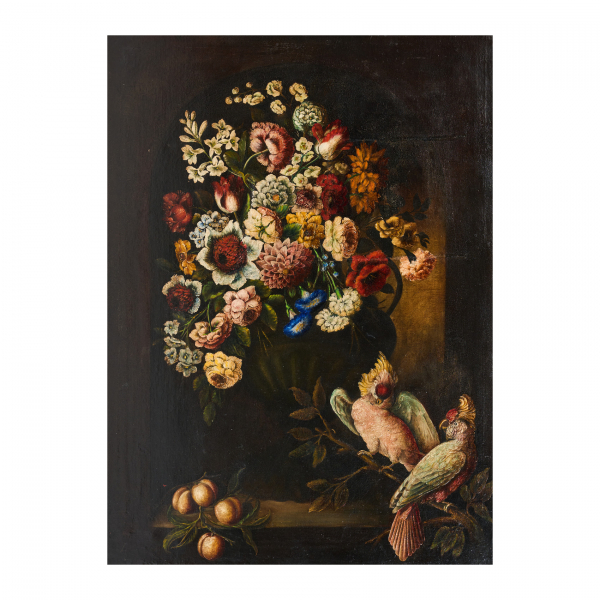 Escuela flamenca, s.XVIII.  Bodegón con flores, melocotones y aves exóticas.  Óleo sobre tela. 