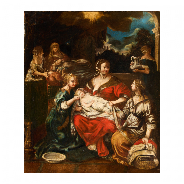 Siguiendo modelos de Pietro Berettini (Cortona, 1596- Roma, 1669). Escuela italiana, s.XVII.  El nacimiento de la Virgen.  