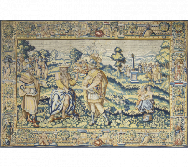 Tapiz en lana y seda con escena narrativa, rematada por cenefa.  Bruselas, h. 1590. 
