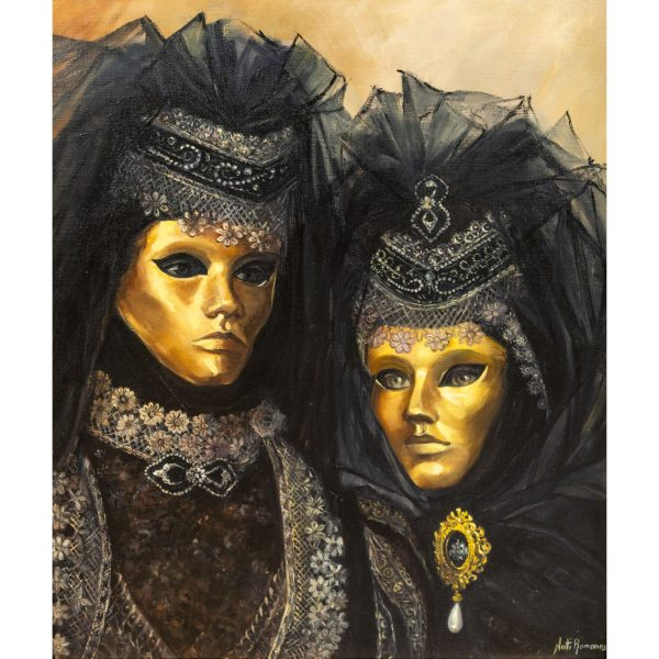 Escuela espa&ntilde;ola, s.XX.  Venecianas en Carnaval.  &Oacute;leo sobre tela. Firmado Nati Romanos.