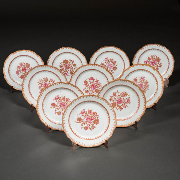 Conjunto de diez platos en porcelana china compañía de Indias familia rosa época Quianlog (1711-1799).