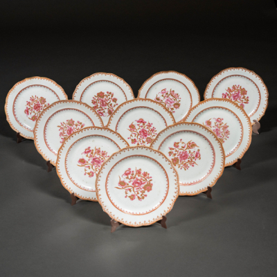 Conjunto de diez platos en porcelana china compañía de Indias familia rosa época Quianlog (1711-1799).