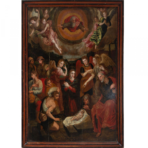 La Adoración de Pastores, escuela Hispanoflamenca del siglo XVI - XVII.   Óleo sobre tabla