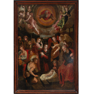 La Adoraci&oacute;n de Pastores, escuela Hispanoflamenca del siglo XVI - XVII.   &Oacute;leo sobre tabla
