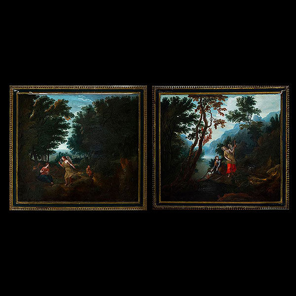 Escuela Flamenca del Siglo XVII - Pareja de escenas religiosas (Agar e Ismael en el desierto y Tobias con el arcángel San Rafael).