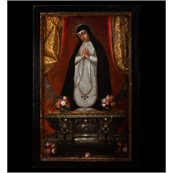 Importante y exquisita Gran Virgen de la Soledad sobre lienzo, escuela colonial Novohispana del la primera mitad del siglo XVII