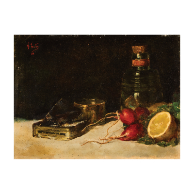 Antonio Fuster Forteza (Palma de Mallorca, 1853-1902) Bodegón con sardinas, rábanos y limón. Óleo sobre tela. Firmado y fechado en 1889.