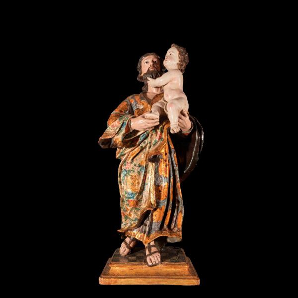 Importante y Grande San José con niño, siglo XVII, escuela colonial Mexicana de Puebla. 