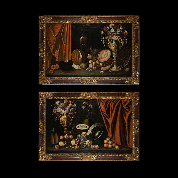 BLAS DE LEDESMA (documentado en Granada entre 1602 y 1614) Monumental Pareja de Bodegones.