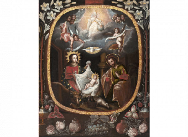 ESCUELA CUZQUE&Ntilde;A, SIGLO XVIII.  Natividad.   &Oacute;leo sobre lienzo.