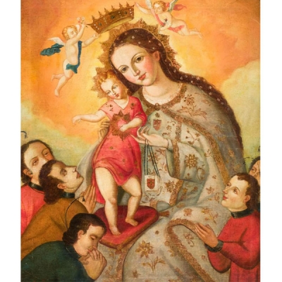 Escuela Colonial S. XVIII.  &quot;Virgen con Niño&quot;. Óleo sobre lienzo