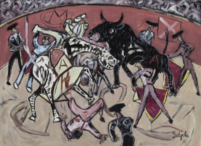 JUAN BARJOLA (Torre de Miguel Sesmero, Badajoz, 1919 - Madrid, 2004).  Tauromaquia.   Óleo sobre tabla. 