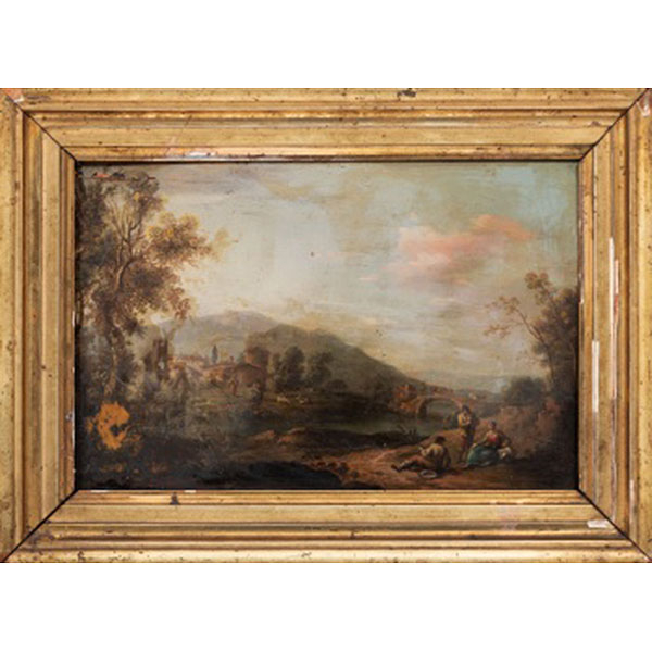 ESCUELA ESPAÑOLA  (S. XVIII - S. XIX) "Paisaje con personajes y río"