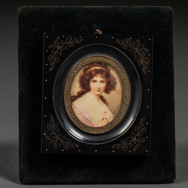 &quot;Joven con flor&quot; Miniatura pintada al óleo sobre placa de marfil.  Escuela Inglesadel siglo XIX