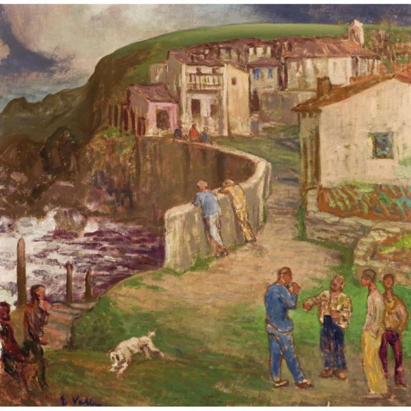 Evaristo Valle.   "El malecón (c. 1919)". Óleo sobre lienzo. Firmado en el ángulo inferior izquierdo.