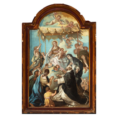 Óleo sobre lienzo preparatorio para altar representando Virgen del Socorro, escuela Napolitana del siglo XVII.