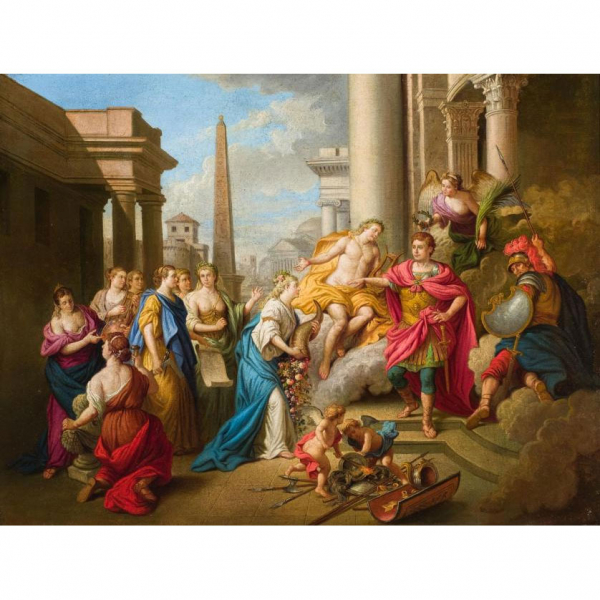 Escuela Francesa S. XVII.   "Apolo coronando al emperador de Roma". Óleo sobre lienzo.