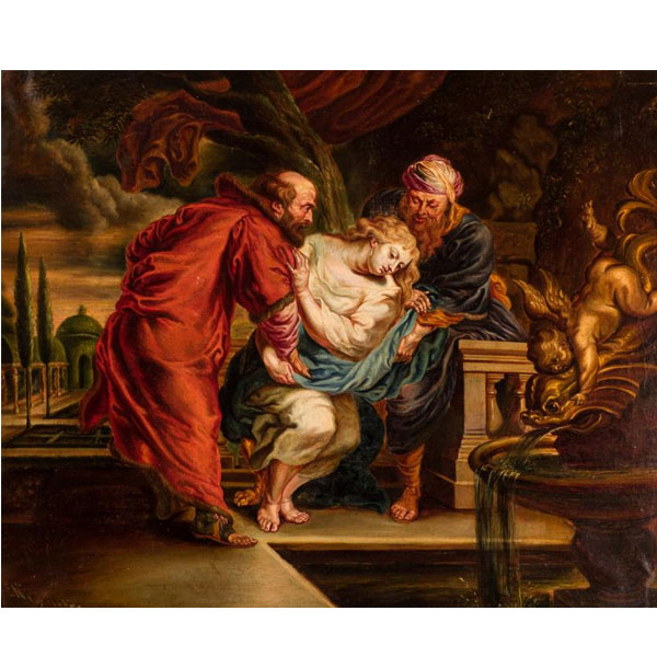 Escuela Española S. XIX.  "Susana y los Viejos". Óleo sobre lienzo.