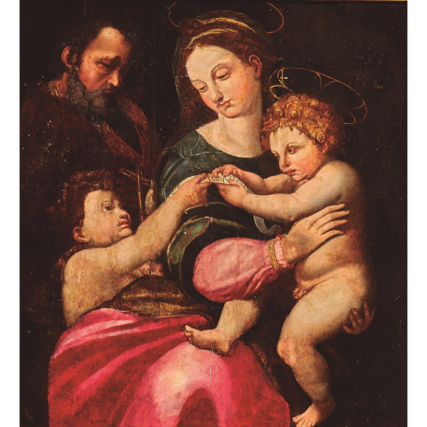 Escuela espa&ntilde;ola, s.XVIII.  Sagrada Familia con San Juanito.  &Oacute;leo sobre tela. Basado en la obra &laquo;La Virgen de la rosa&raquo; de Rafael Sanzio, c.1517 (Museo del Prado, Madrid).