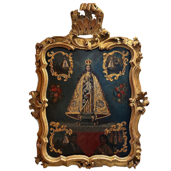 Escuela Colonial Novohispana, México, siglo XVIII "Nuestra Señora de Ocotlán con donantes indígenas".   Óleo sobre cobre. 