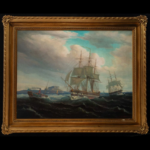 Fragatas frente a las ruinas del castillo de Borgholm, firmado y fechado Alfred Wiström 1865, escuela sueca del siglo XIX.