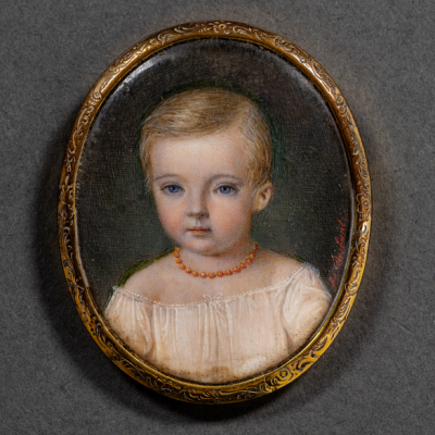&quot;Retrato de niña con collar de coral rojo&quot; Miniatura pintada sobre placa de madreperla.  ADOLPHE BRÉBANT(1819-?)