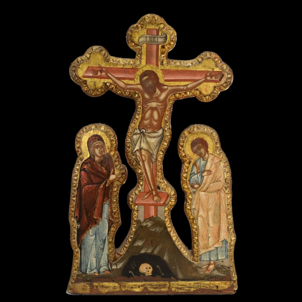 Excepcional Monumental Icono griego de Calvario hacia 1800. Ex colección de Nicholas Mitropoulos. 