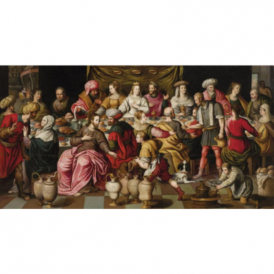 Escuela Española S. XVI.   &quot;Bodas de Caná&quot;. Óleo sobre tabla.