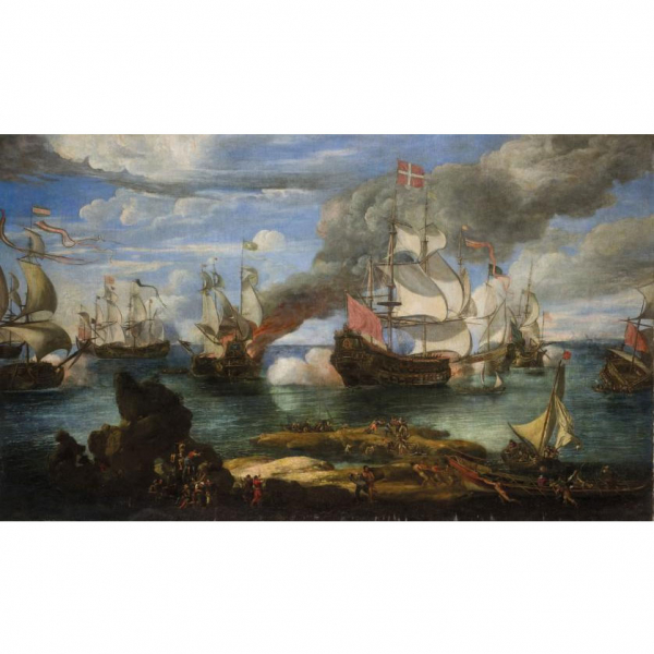 Escuela Genovesa S. XVIII.   "Batalla naval". &Oacute;leo sobre lienzo.  