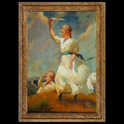 Infantes Jugando juntol al Mar, F.W. Benson , firmado inferior izquierdo, escuela norteamericana de finales del siglo XIX,  
