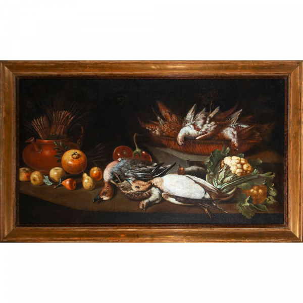 "Bodegón de caza menor y frutos" Atribuido a Antonio Ponce, Escuela Madrileña, Siglo XVII.   Óleo sobre lienzo.