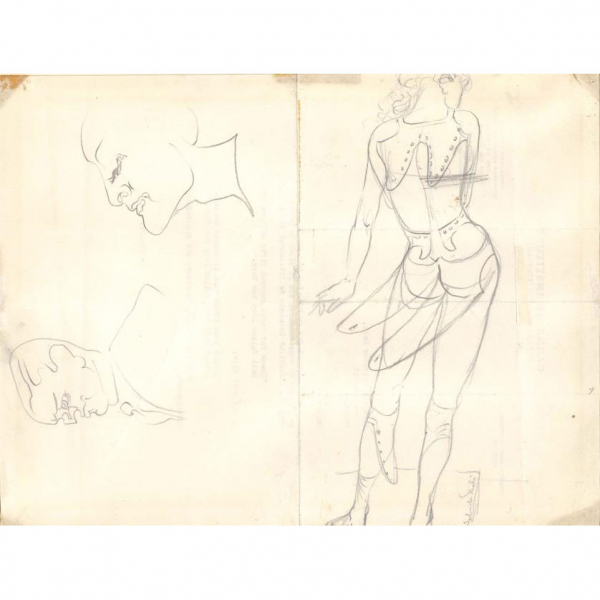 Salvador Dalí.   "Etude d'une figure de mode pour l'illustration du magazine The American Weekly (1935)". Lápiz sobre papel.