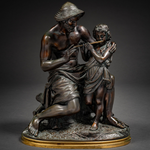 "Lección de música" Escultura en bronce patinado en color negro del siglo XIX. THEODORE COINCHON (Francia, 1814-1881)
