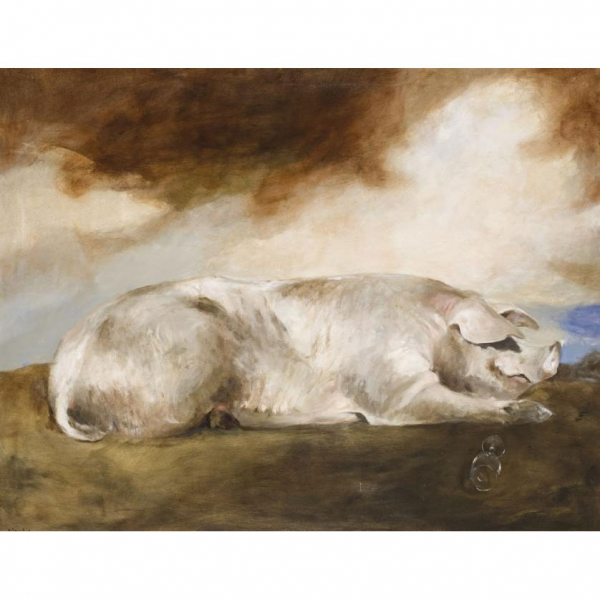 Miguel Macaya. "El cerdo". Óleo sobre lienzo. Firmado en el ángulo inferior izquierdo y al dorso en el bastidor.